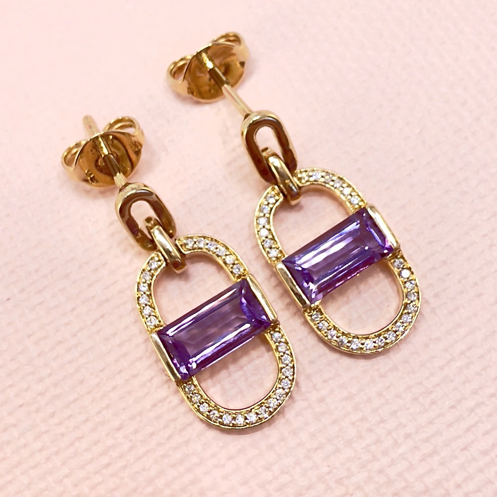 14k Yelow Gold Genuine Amethyst & Diamond Monernist Dangle Earrings, New - Picture 3 of 11