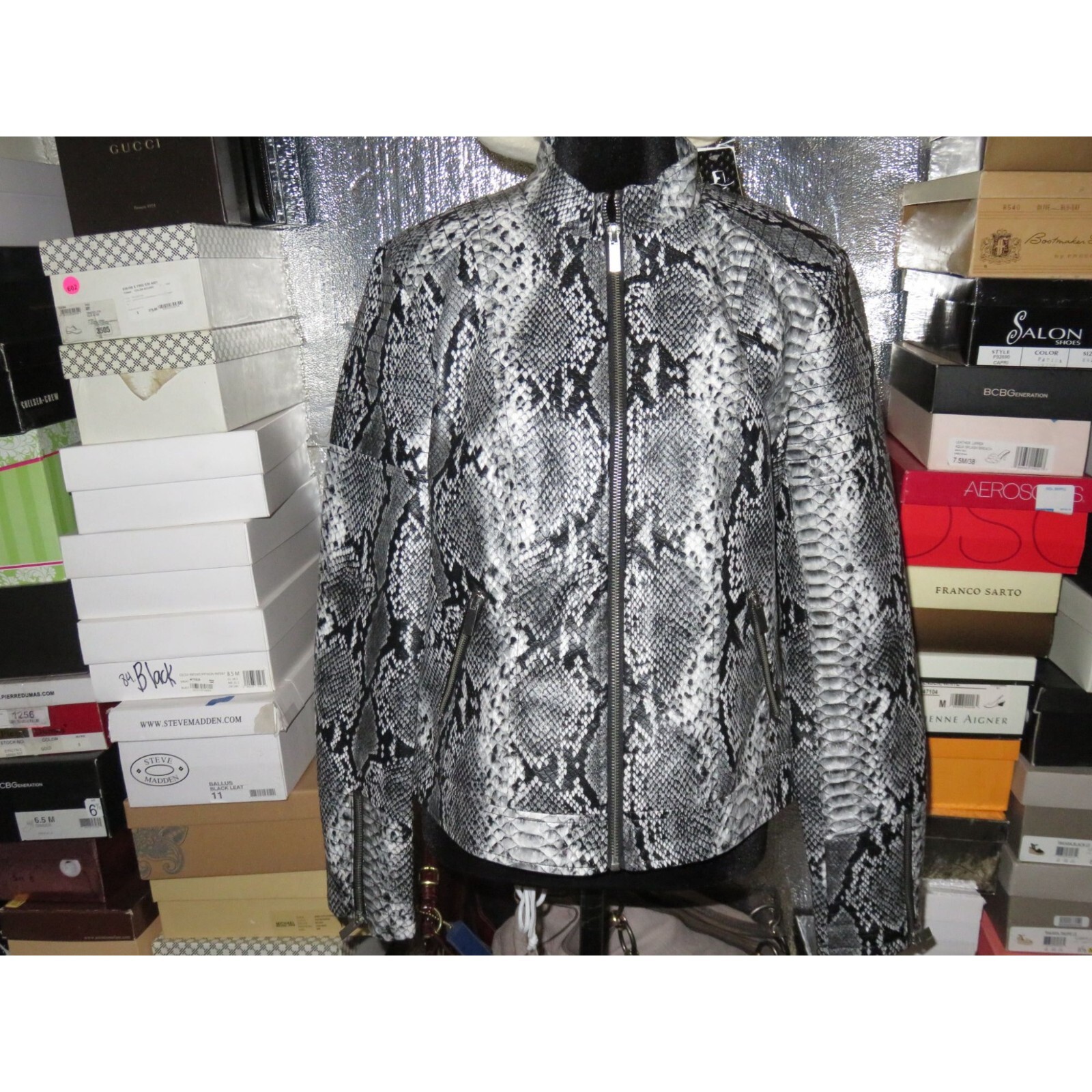 Baccini Black & White Python Faux Leather Zip Up Moto Jacket Baccini Black & White Python Faux Leather Zip Up Moto Jacket