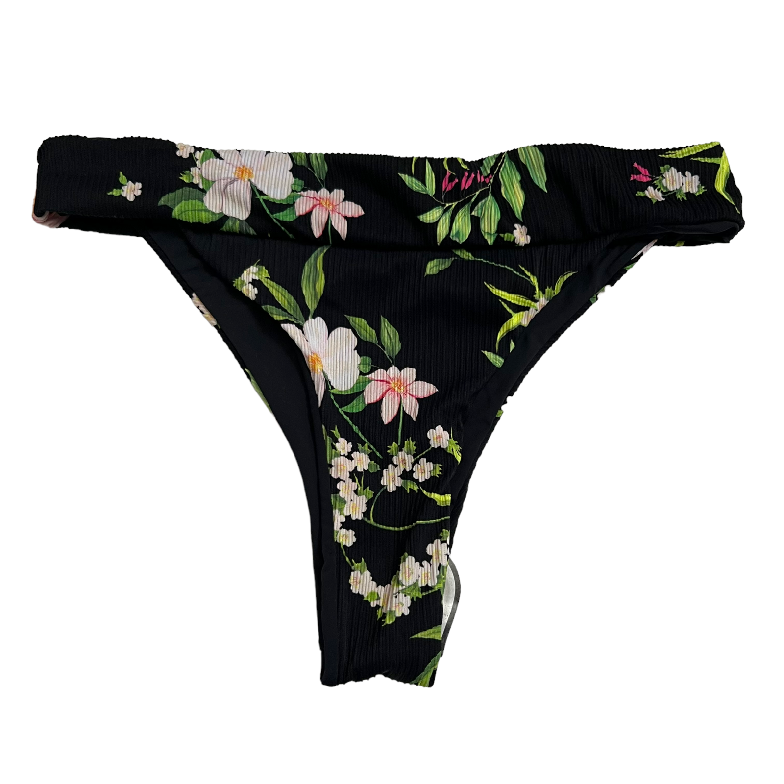 Swim bottoms Large cheeky black floral high cut swimsuit bathing suit thong NWOT