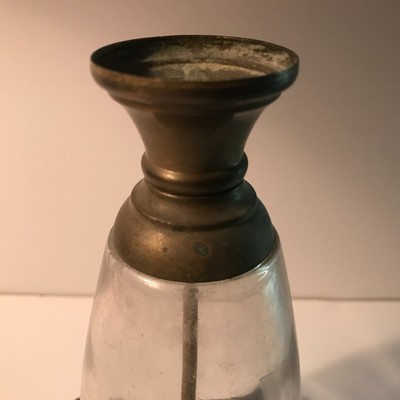 Antique late 1800s clear glass square metal base kerosene table lamp