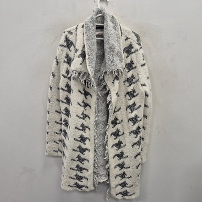 AMANO Cardigan Size M White Alpaca Dog Motif Collared Fringe Chunky Knit Open