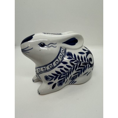 Blue & White Ceramic Easter Bunny Rabbit Coin Bank 6'' x4'' x4