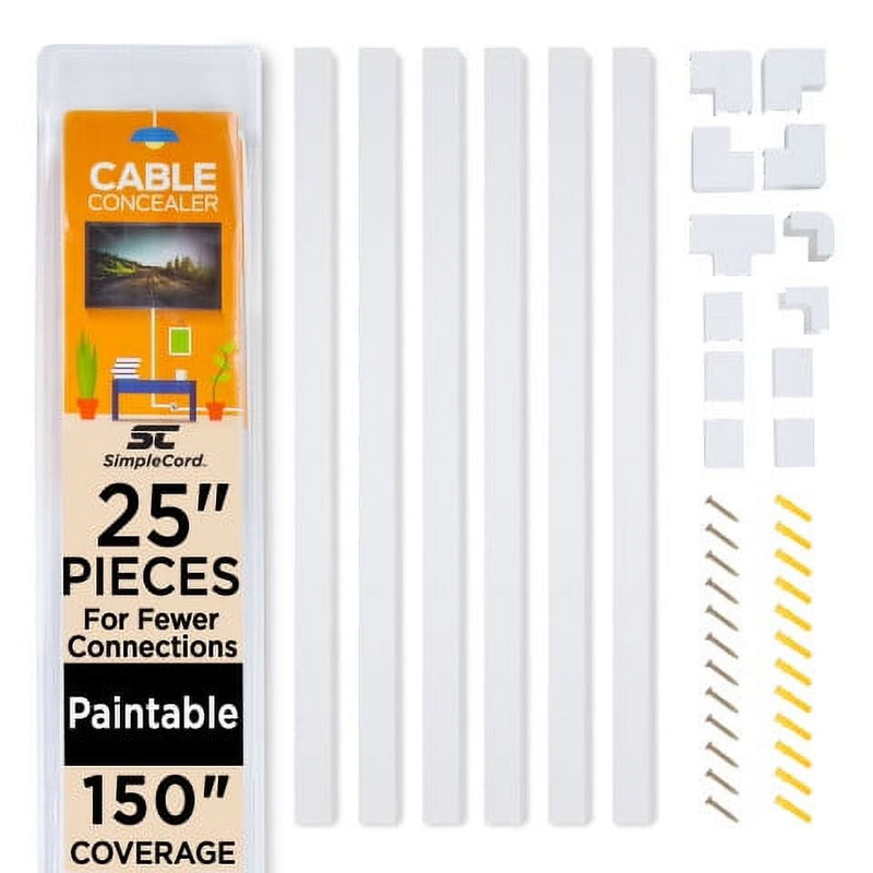 Simple Cord 150-In Cord Hider Kit, 6-Pack 25-Inch Wall-Mounted Cable Management