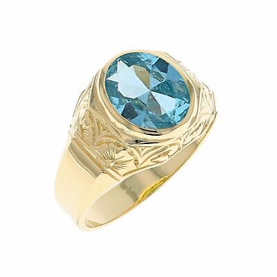 Pre-owned Jackani 10k Or 14k Yellow Gold Majestic Simulated March Birth Month Mens Design Ring In Aqua