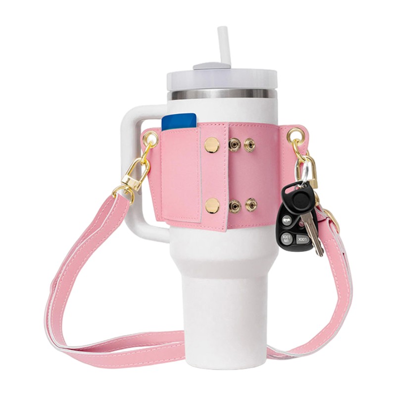Tumbler Holder w/ Strap Leather Water Bottle Carrier Sling Crossbody Adjustable