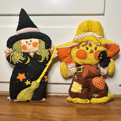 Vintage Halloween Witch and Scarecrow Handmade Cut and Sew Plush Pillows