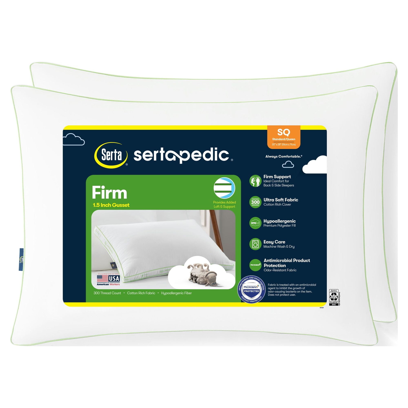 Sertapedic Firm Bed Pillow, Standard/Queen, 2 Pack