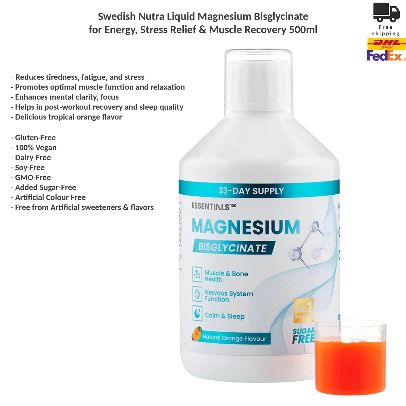 Swedish Nutra Liquid Magnesium Bisglycinate for Energy and Stress Relief 500ml