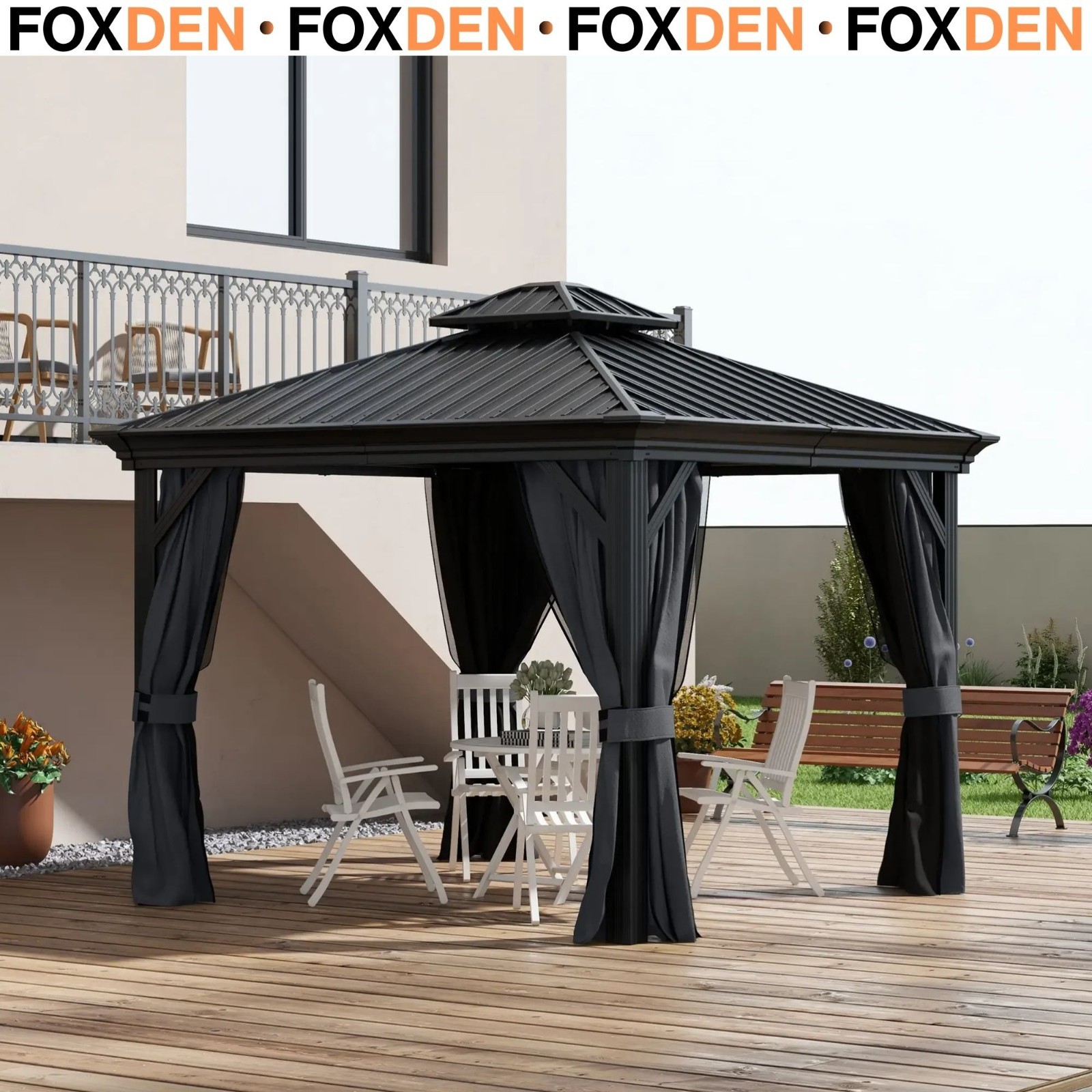 Heavy Duty Gazebo Large 3.65 x 3m Metal Hardtop Sides Outdoor Canopy 2 Tier Roof