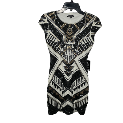 Express Dress XS White Black Gold Sequin Aztec Deco Geometric Bandage Sheath New