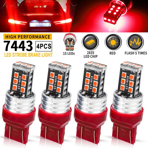 4PCS 7443 7440 LED Red Strobe Flash Blinking Brake Stop Tail Parking Light Bulbs