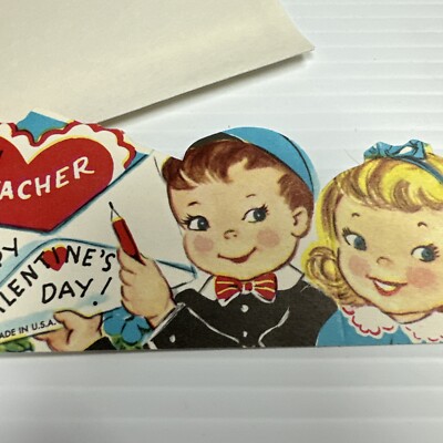Vtg UNUSED Valentine s Day Card W/Env SS Boy Girl MCM Teacher Diecut Single Side