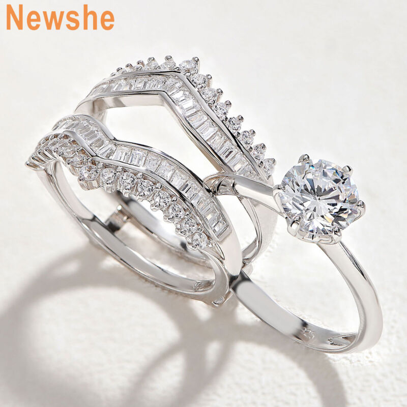 Newshe Sterling Silver Rings For Women Wedding Engagement Promise Ring Set Cz