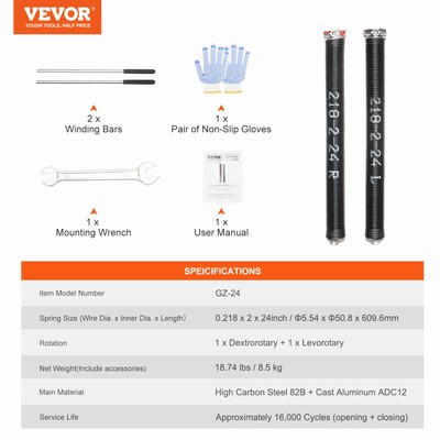 VEVOR Garage Door Torsion Springs Pair of 0.218 x 2 x 24inch with Winding Bars