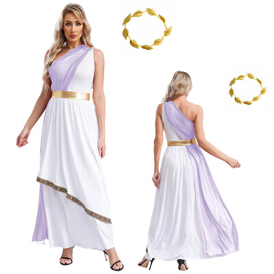 UK Women Ancient Greek Roman Toga Costume Grecian Queen Dress with Headwear