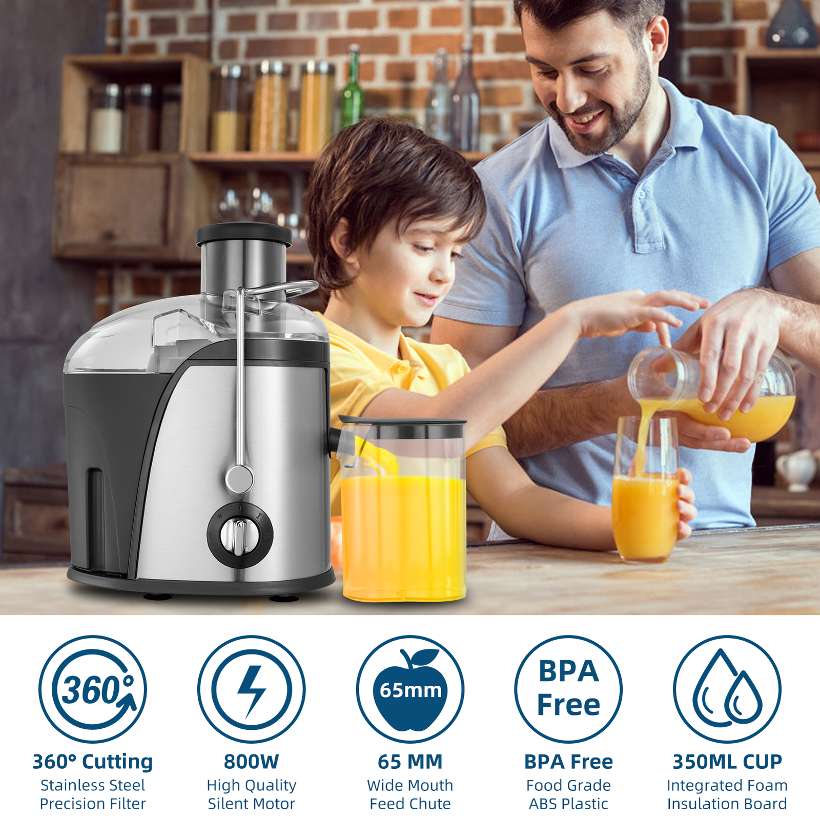A vibrant glass of freshly extracted juice alongside the juicer (Alt text: Freshly extracted juice with the 800W Juicer Machine