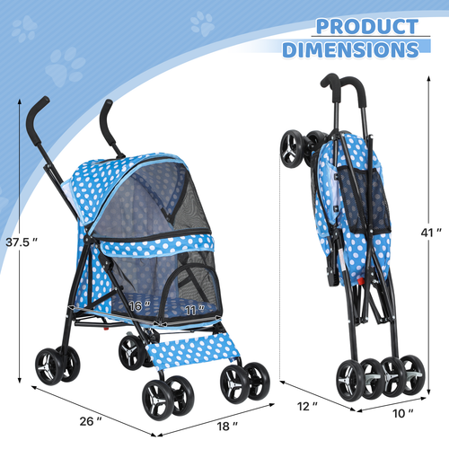 4 Wheels Foldable Pet Stroller Breathable Dog Stroller w/Storage Basket&Skylight