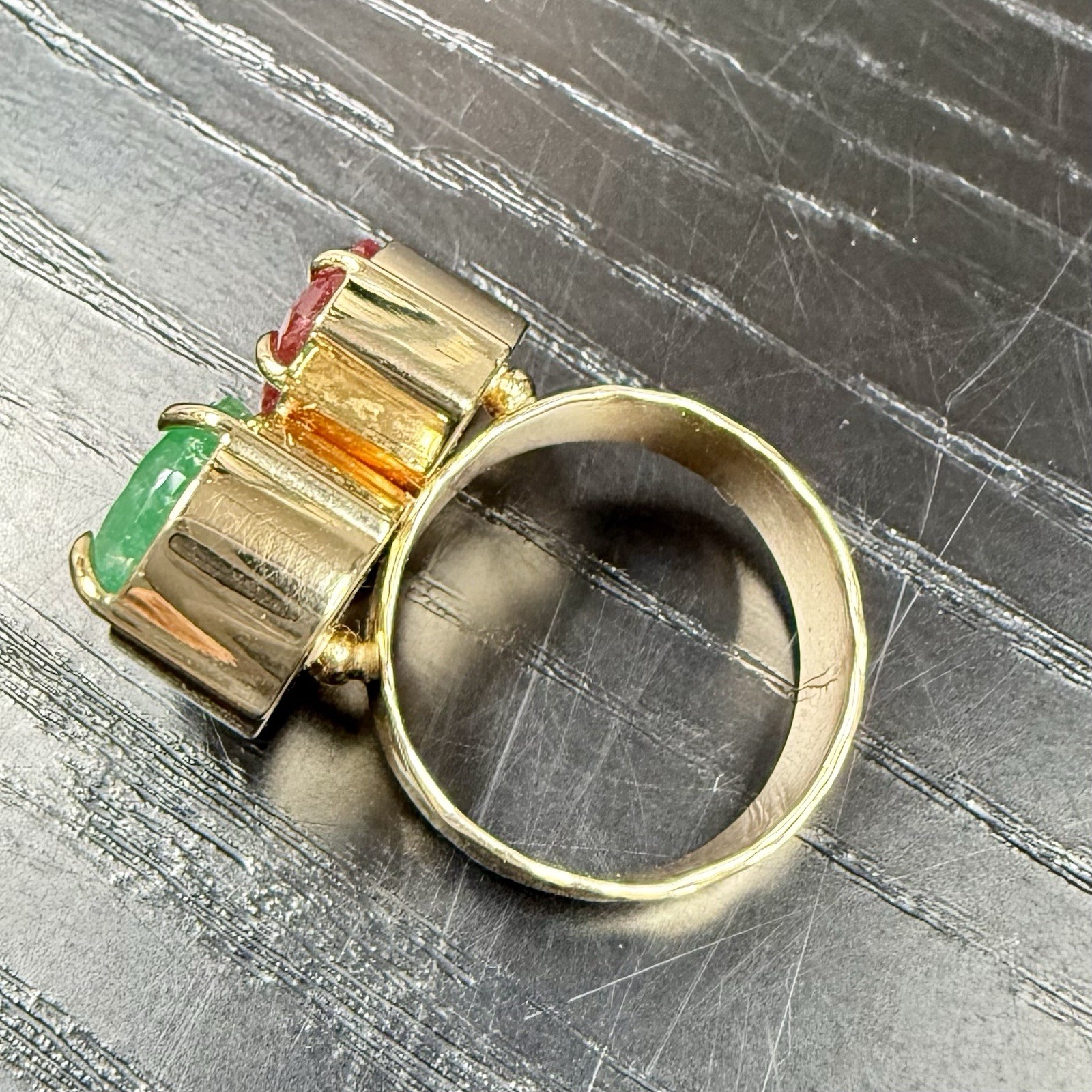 14k Yellow Gold Genuine Emerald & Pink Tourmaline Modernist Ring, New Size 6.5 - Picture 9 of 14
