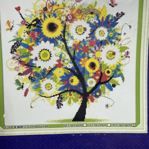 Benway Happy Tree Counted Cross Stitch Kit Colorful Whimsical 14 Count 15x15”
