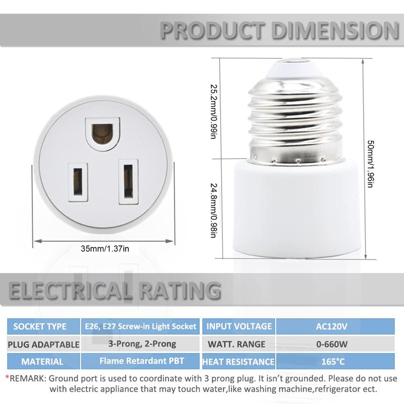 Light Socket to Plug Adapter 3 Prong E26/ E27 Light Bulb Outlet Adapter