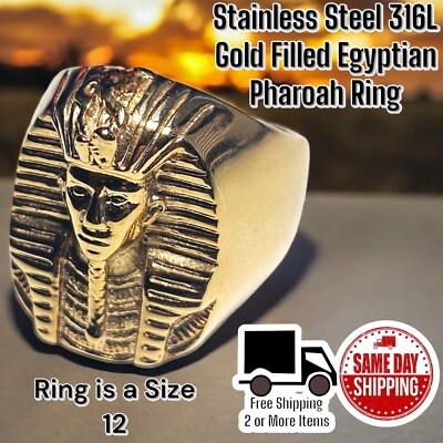 Stainless Steel Gold Filled Egyptian Pharoah 25mm Face Height Ring Sz 12