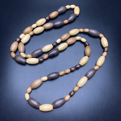 Long Wooden Necklace Multi Tone Wood Beaded 34 Inch Boho Natural
