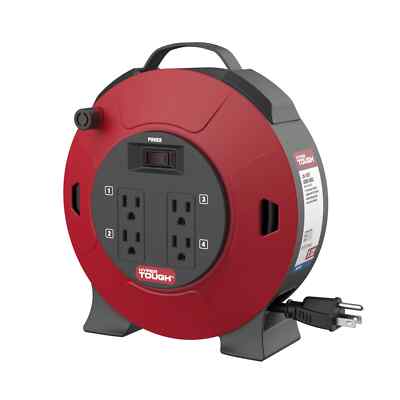 Black 25 ft Retractable Cord Reel, 4 Outlets, 16AWG SJT, On/Off Switch
