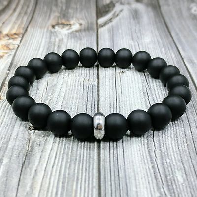 MODERN 8''L STAINLESS STEEL 10mm Matte Black Onyx Gemstone Beaded Men's Bracelet