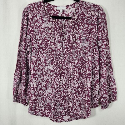 Lucky Brand Top Shirt Womens LG Burgundy Floral Print Long Sleeve Boho Blouse
