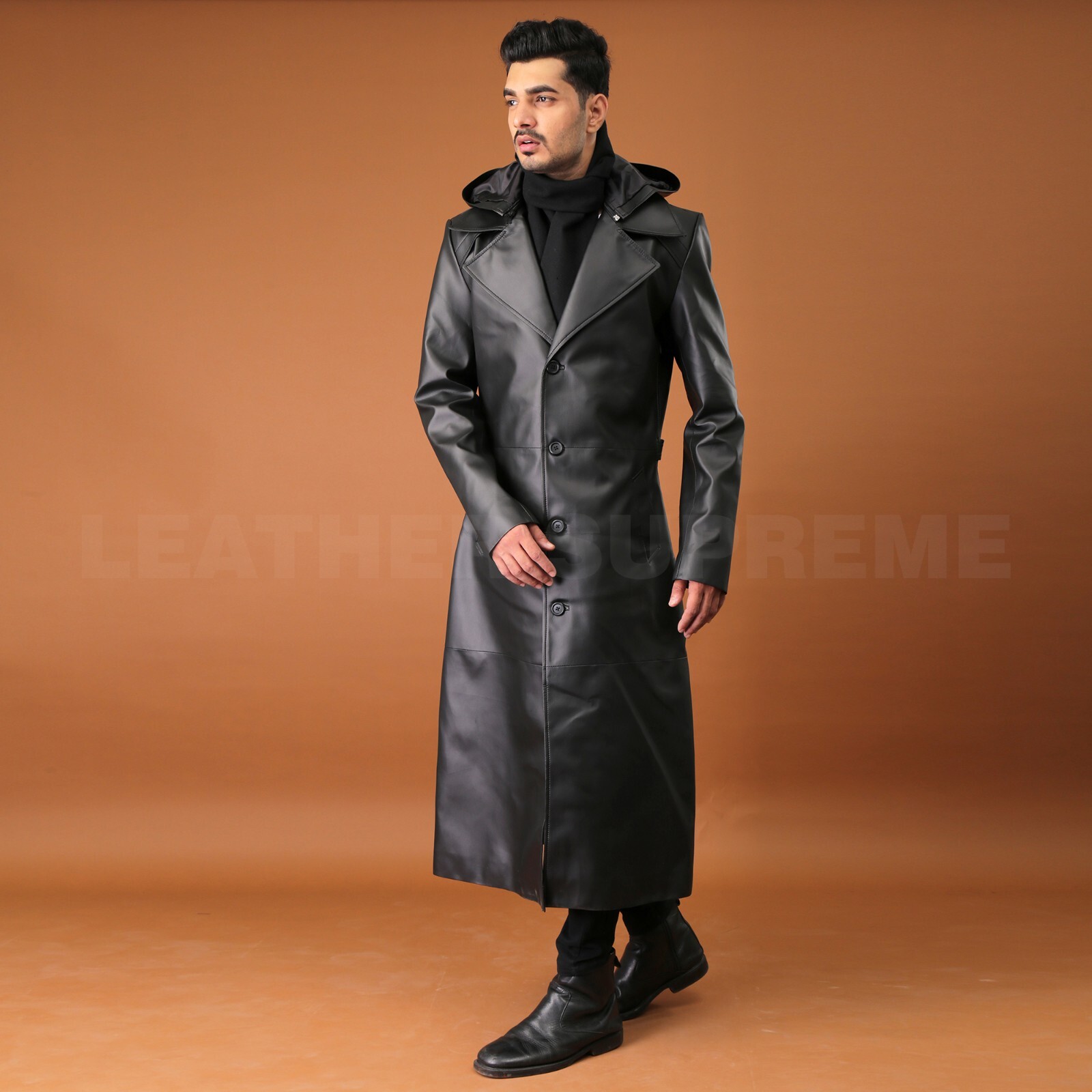 Pre-owned Supreme Men Black Long Hooded Coat For Men Leather Long Trench Coat Duster Coat