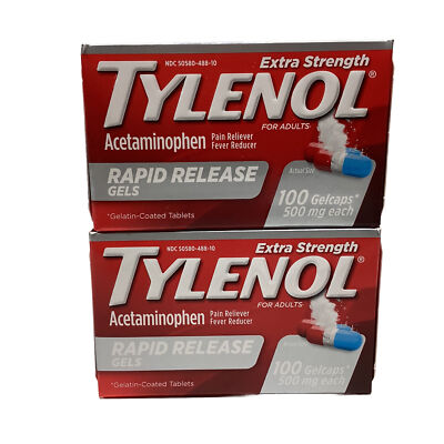 2 Boxes Tylenol Extra Strength Rapid Release 100 Count Gelcaps 500mg Exp 8/24