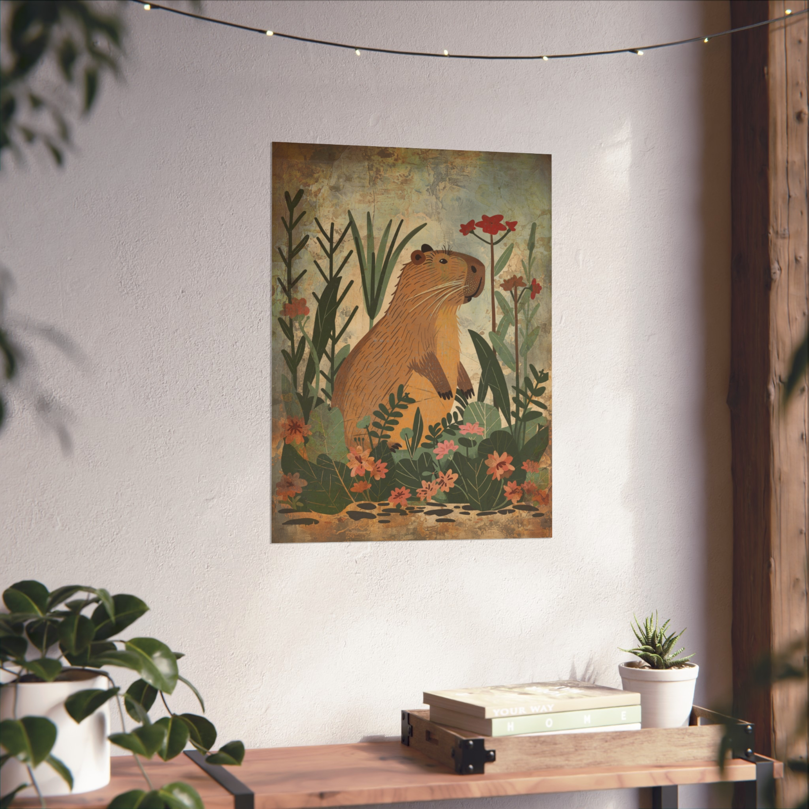 Retro CAPYBARA FLOWER Wall Art, Botanical Floral Wildlife Rodent Nature Poster