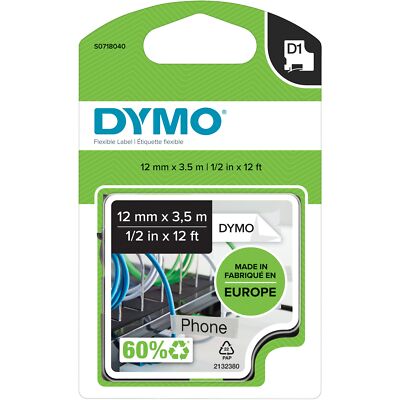 Dymo D1 High-Performance Flexible Nylon Fabric Tape, 1/2'' x 12 , Black on White