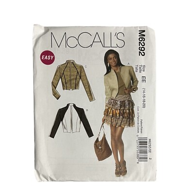 McCalls Misses' Jacket Sewing Pattern M6292 Sz 14-20 FF UNCUT