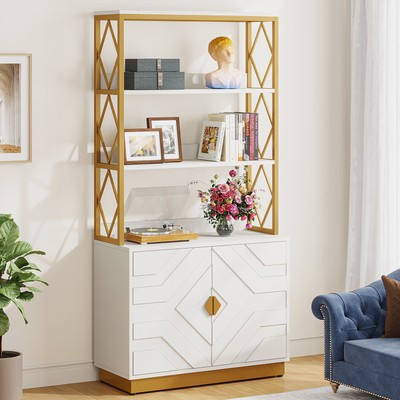 Tribesigns White Gold Bookcase with Doors, Modern Bookshelf with Storage Cabinet