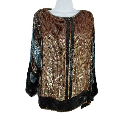Judith Ann Creations Silk Sequins Vintage 70s 80s Long Sleeve Blouse 1X Top 