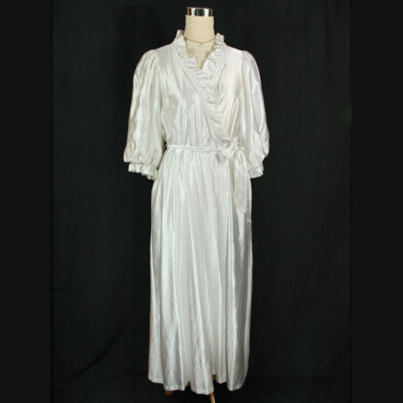 Vintage Miss Elaine White Satin Puff Sleeve Long Full Length Robe w Ruffles L