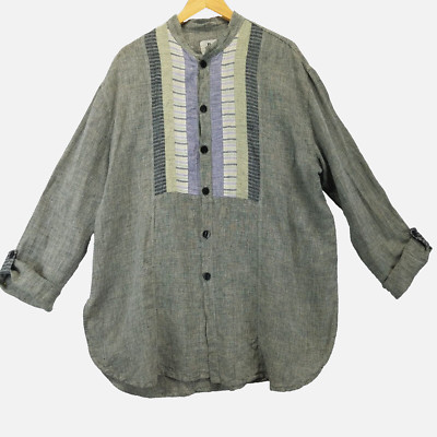Flax by Jeanne Angelhart Linen Shirt Women Size M Gray Long Sleeve Tabs