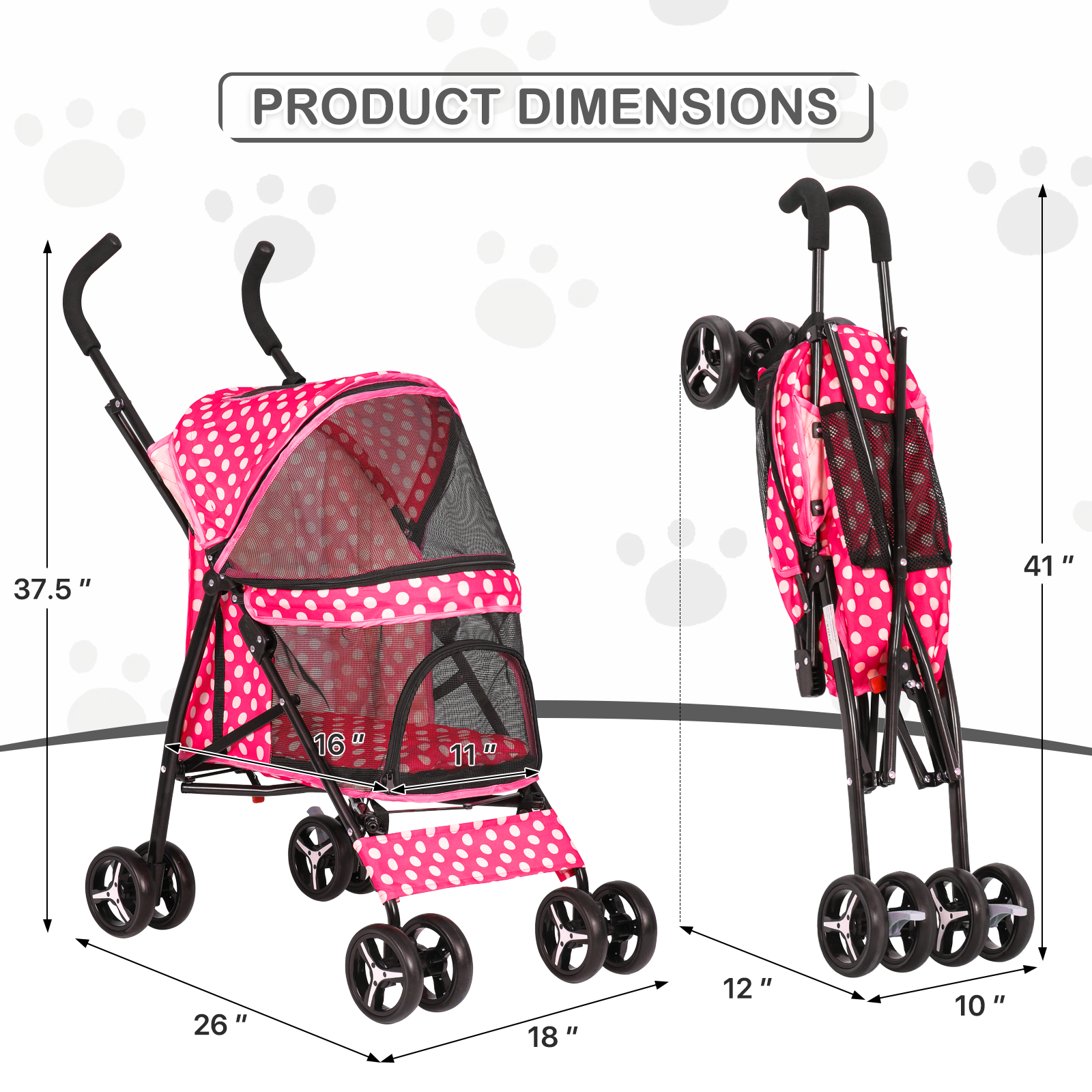 4 Wheels Pet Stroller w/Skylight+Storage Basket Foldable Cat Cage Travel Carrier