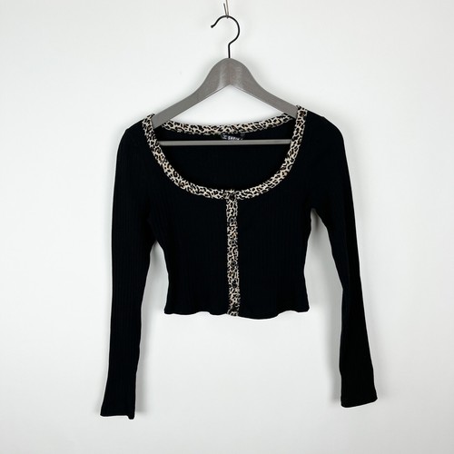 Shein Crop Top Size XS Long Sleeve Black Ribbed Animal Print