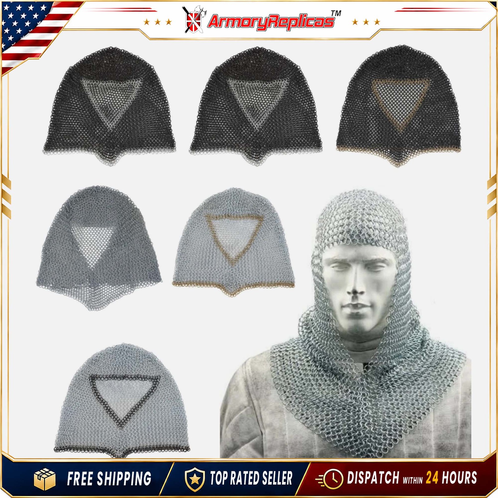 BATTLE READY CHAIN MAIL COIF MEDIEVAL RENAISSANCE CHAINMAIL HOOD ARMOR -6 Colors