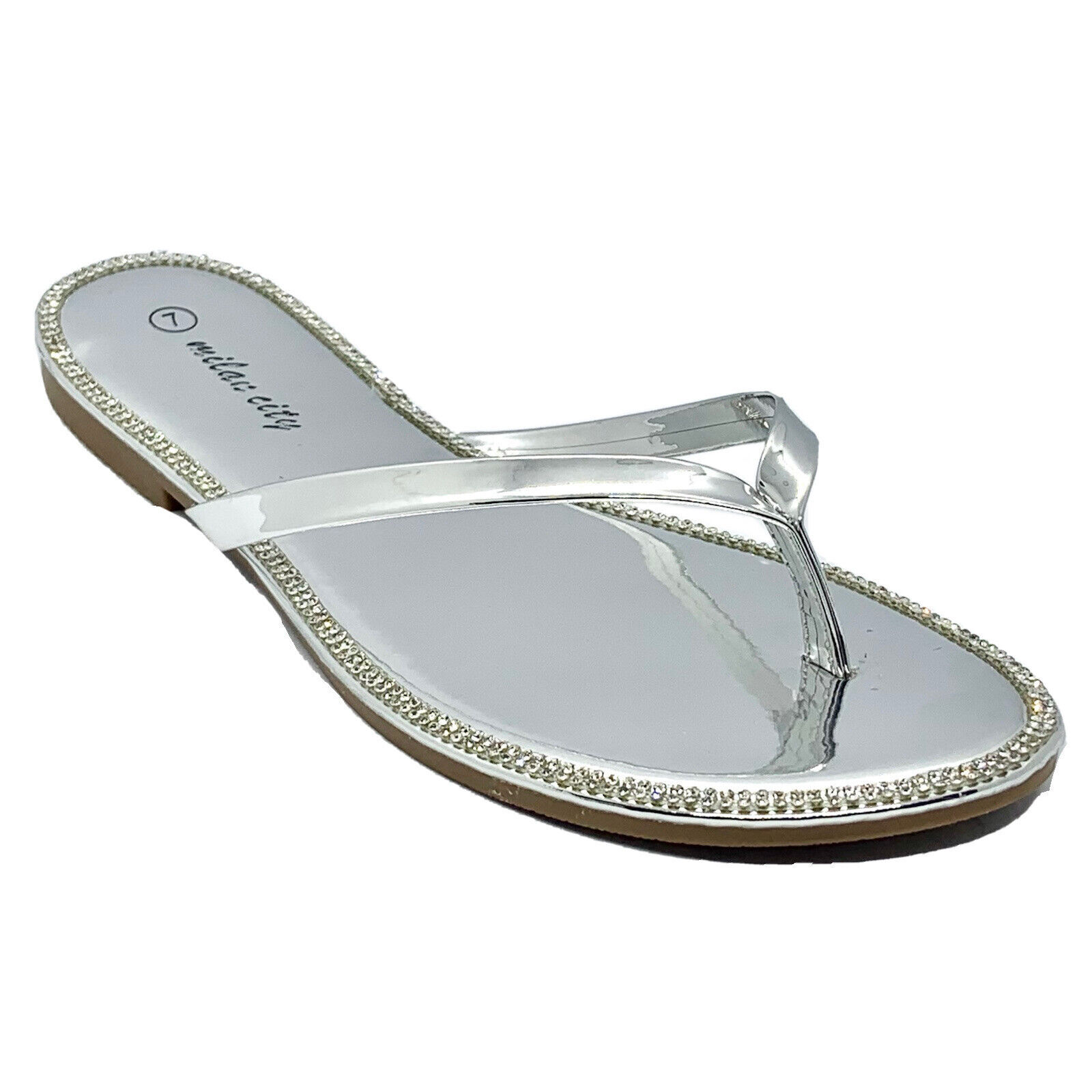 Milan City Women's Rhinestone Thong Flip Flop Sandals Silver