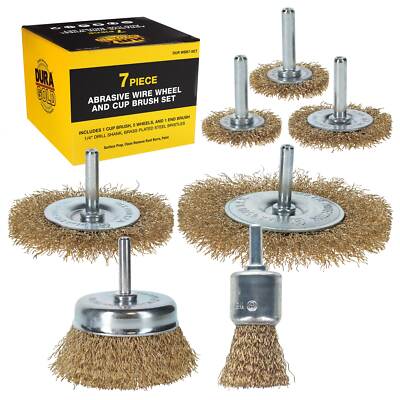 7-Piece Abrasive Brass-Coated Wire Wheel, Cup & End Brush Set, 1/4'' Drill Shank
