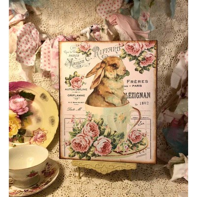 Bunny Rabbit in Tea Cup, Pink Roses, Shabby Chic Sign / Plaque #3