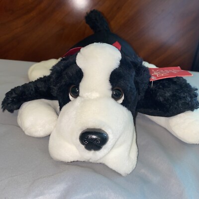 Russ Berrie and Co. Lovington Black White Laying Puppy Dog Plush with Tags.