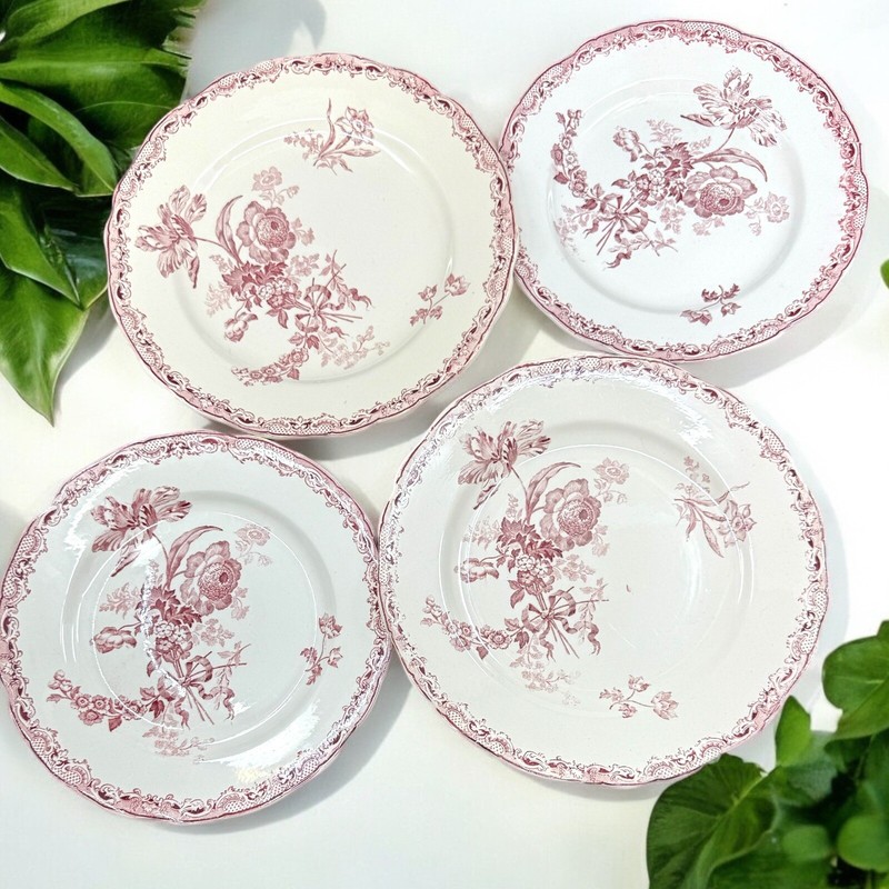 Sarreguemines U&C Fontanges Rouge 4 Assiettes Plates & Dessert TrÃ¨S Bel Etat