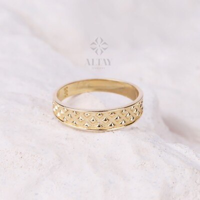 14K Gold Diamond Pattern Ring, Pave Gold Band, Chunky Wedding Band Eternity Ring