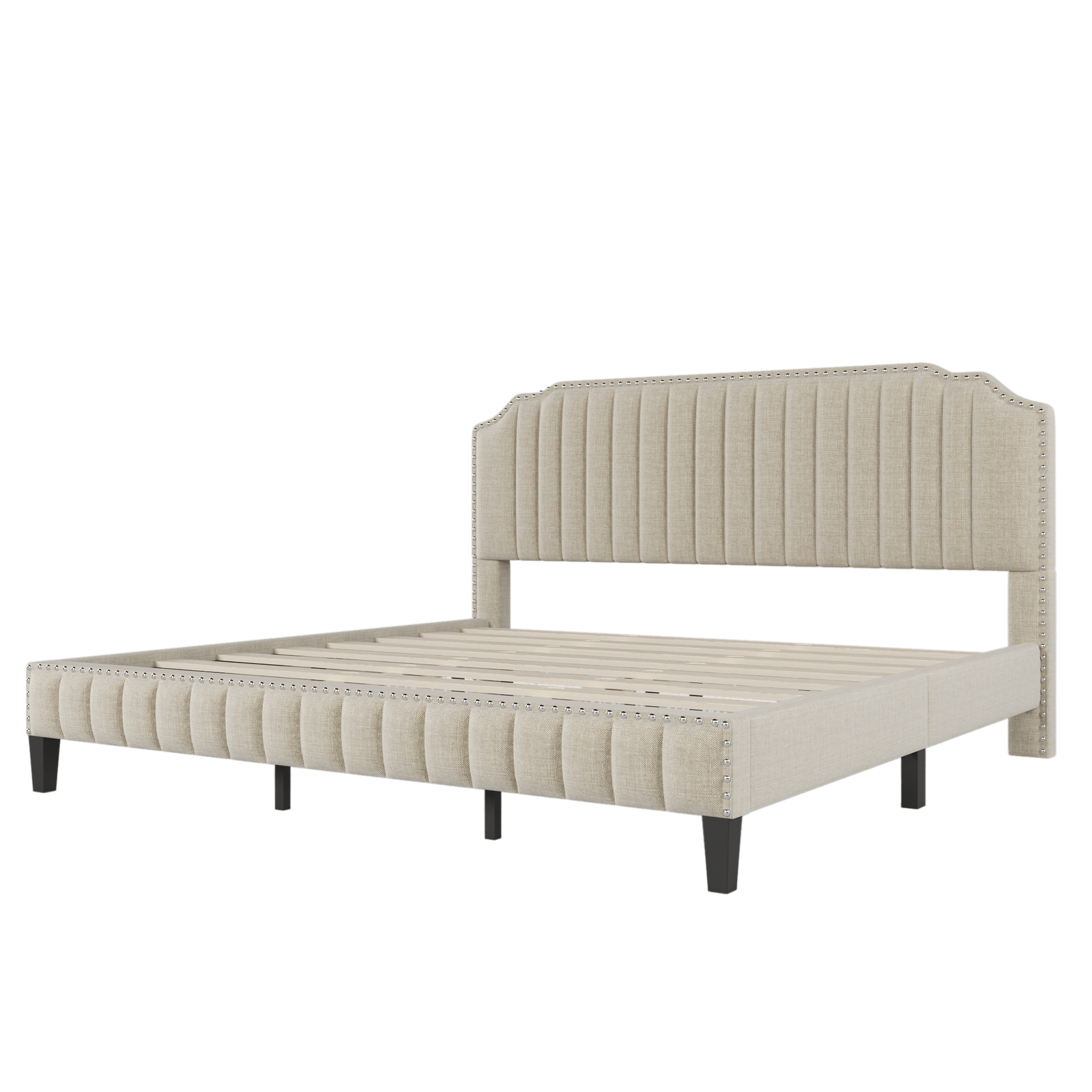 Modern King Size Upholstered Platform Bed Frame W/Headboard Wooden Slatted Cream