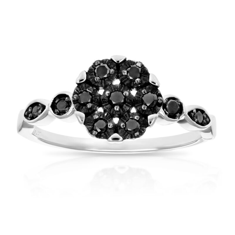 1/4 Cttw Black Diamond Engagement Ring .925 Sterling Silver Cluster Composite