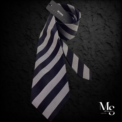 BOSS HUGO BOSS Selection Trifold Black Gray Striped Silk Tie Italy W: 3.25'' NWT